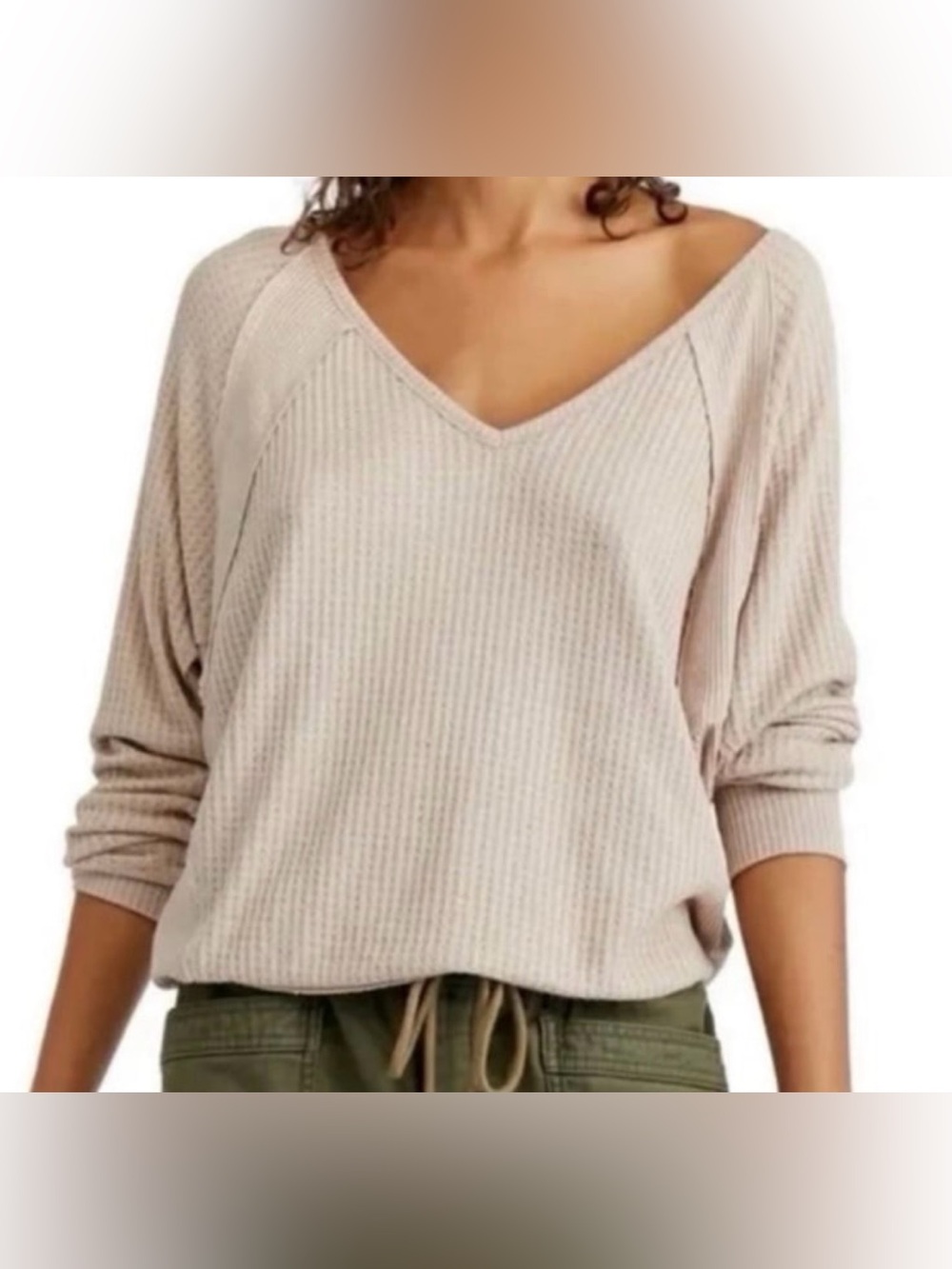 We The Free Tan Oversized V-Neck Waffle Knit Long Sleeve - Size XS